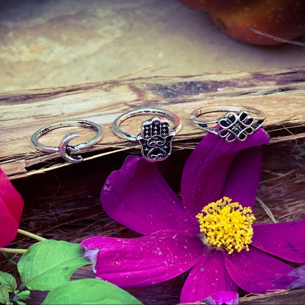 Bohemian set of 3 Rings 🌙 🤚 🌺 Silver - Picture 2 of 7